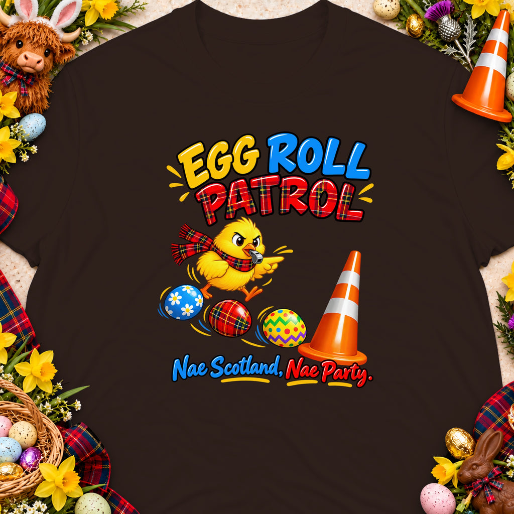 A cartoon chick wearing a scarf runs with Easter eggs near a traffic cone.