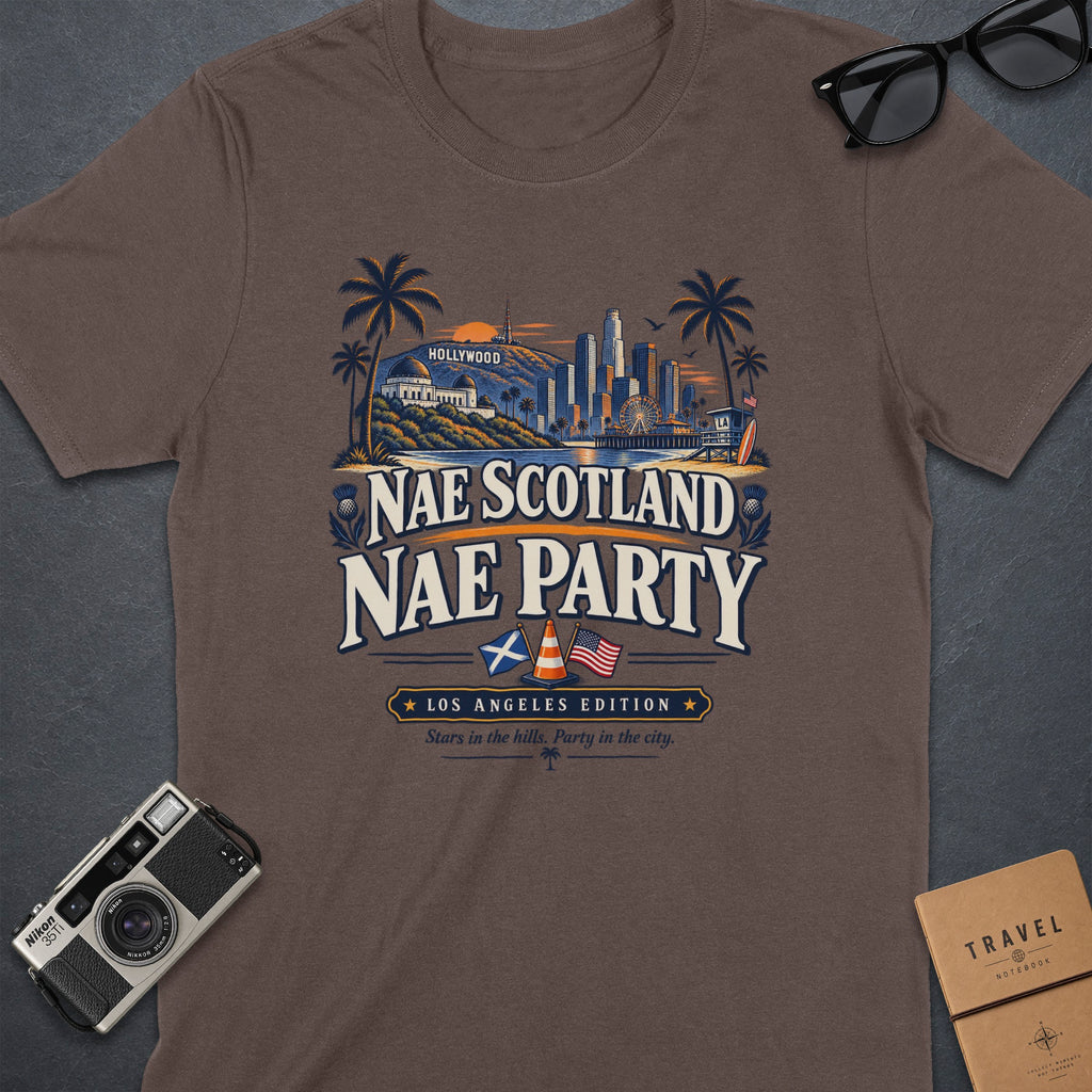 T-shirt with "Nae Scotland Nae Party" and Los Angeles skyline graphic.