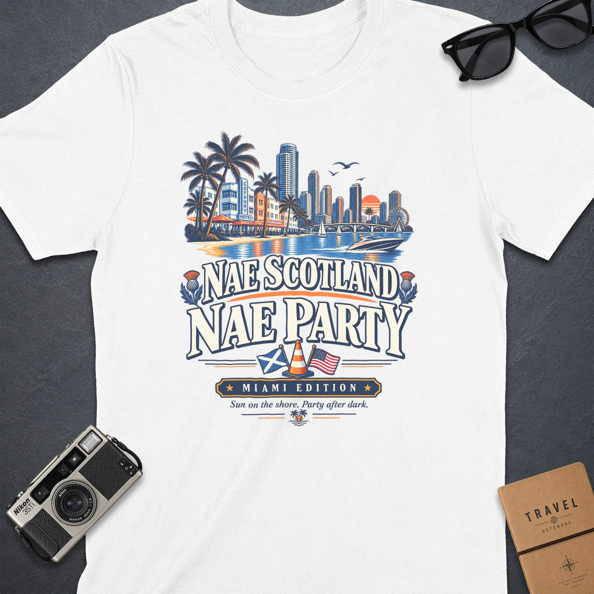 White t-shirt with "Nae Scotland Nae Party Miami Edition" graphic.