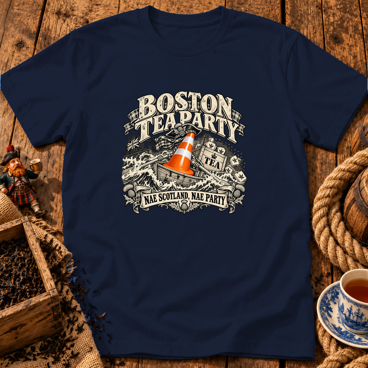 A navy blue t-shirt displays a graphic reading Boston Tea Party Nae Scotland Nae Party over a ship in rough seas with a traffic cone.