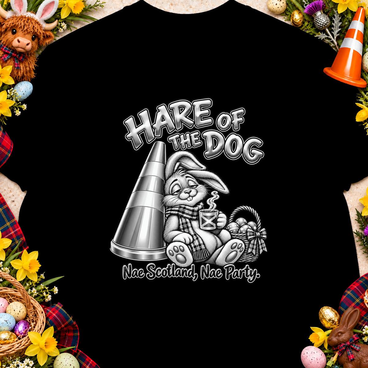 T-shirt graphic with text "Hare of the Dog" and "Nae Scotland, Nae Party."
