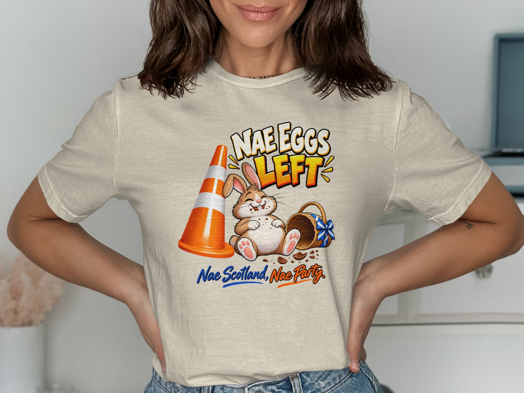 Cartoon bunny sits next to an empty Easter basket with "Nae Eggs Left" text.