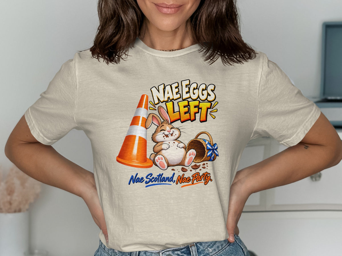 Cartoon bunny sits next to an empty Easter basket with "Nae Eggs Left" text.