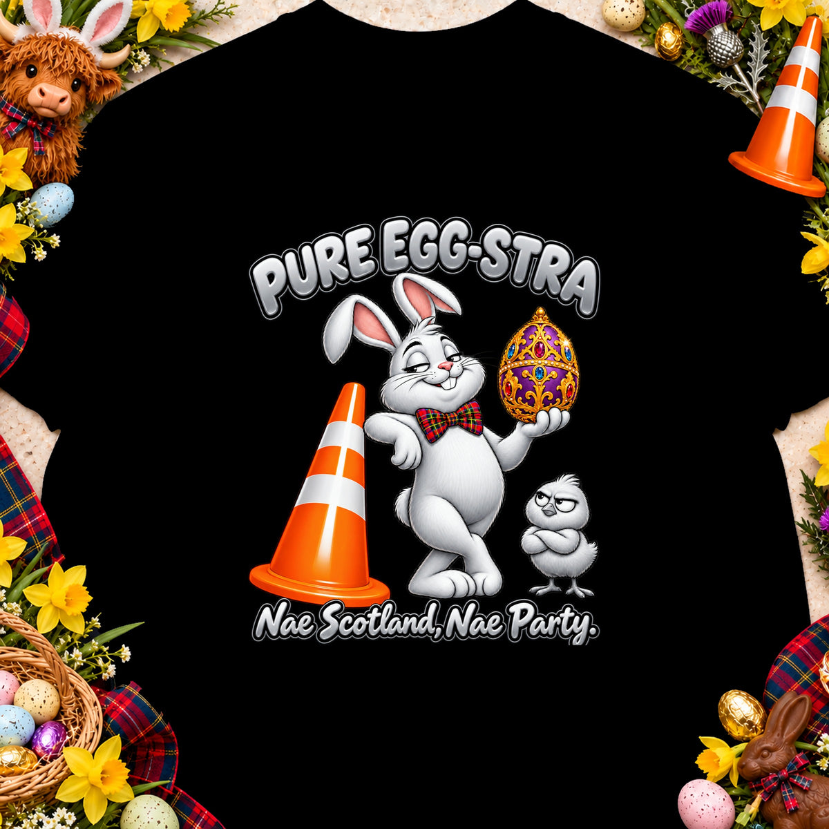 White bunny with Easter egg and chick reads "Pure Egg-stra Nae Scotland, Nae Party."