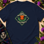 A navy blue t-shirt featuring a diamond-shaped Scottish thistle emblem with the text Nae Scotland Nae Party.