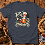 Dark blue t-shirt featuring a humorous graphic with the text Boston Tea Party and Nae Scotland, Nae Party.