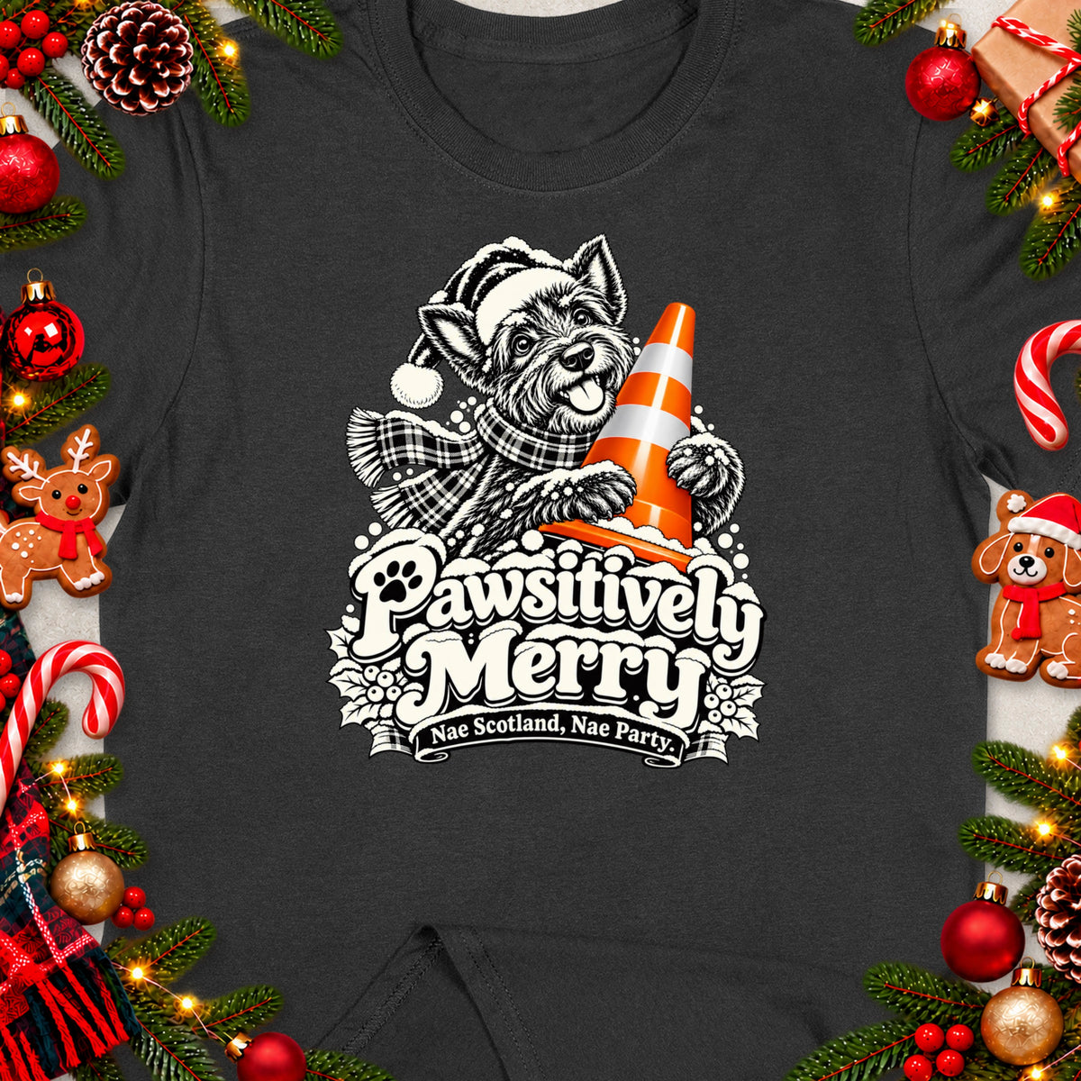 Dog in Santa hat holding traffic cone with text "Pawsitively Merry".