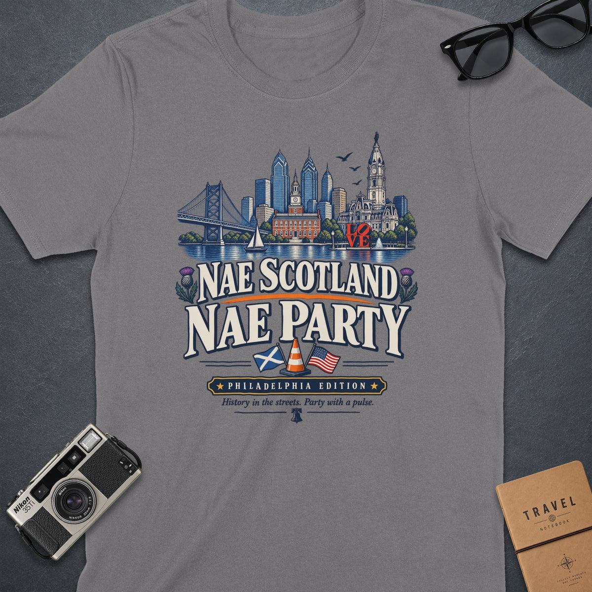 Grey t-shirt with Philadelphia skyline and text "Nae Scotland Nae Party".