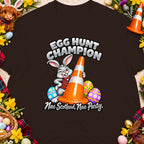 Easter bunny with traffic cone and eggs, "Egg Hunt Champion" text.