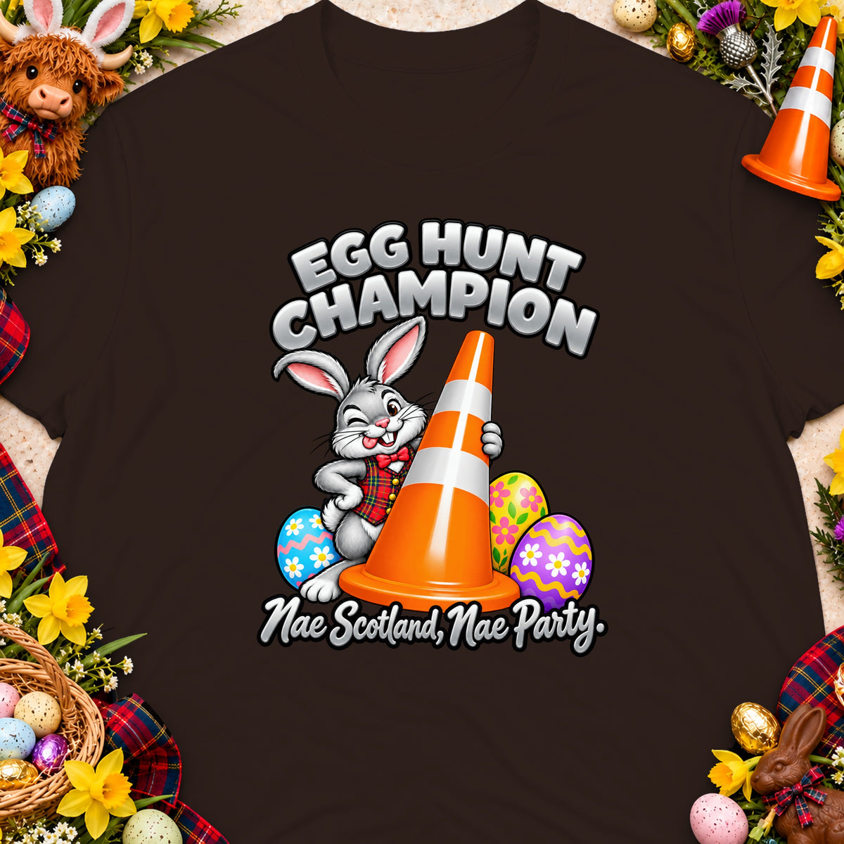 Easter bunny with traffic cone and eggs, "Egg Hunt Champion" text.