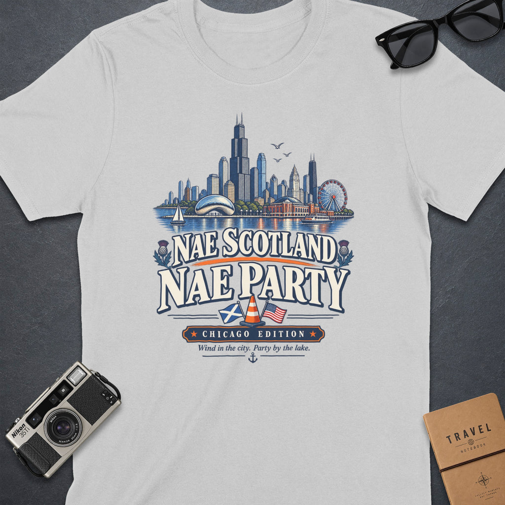 Light grey t-shirt with "Nae Scotland Nae Party Chicago Edition" text and skyline graphic.