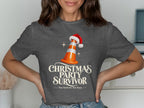 T-shirt graphic with traffic cone wearing Santa hat, "Christmas Party Survivor."