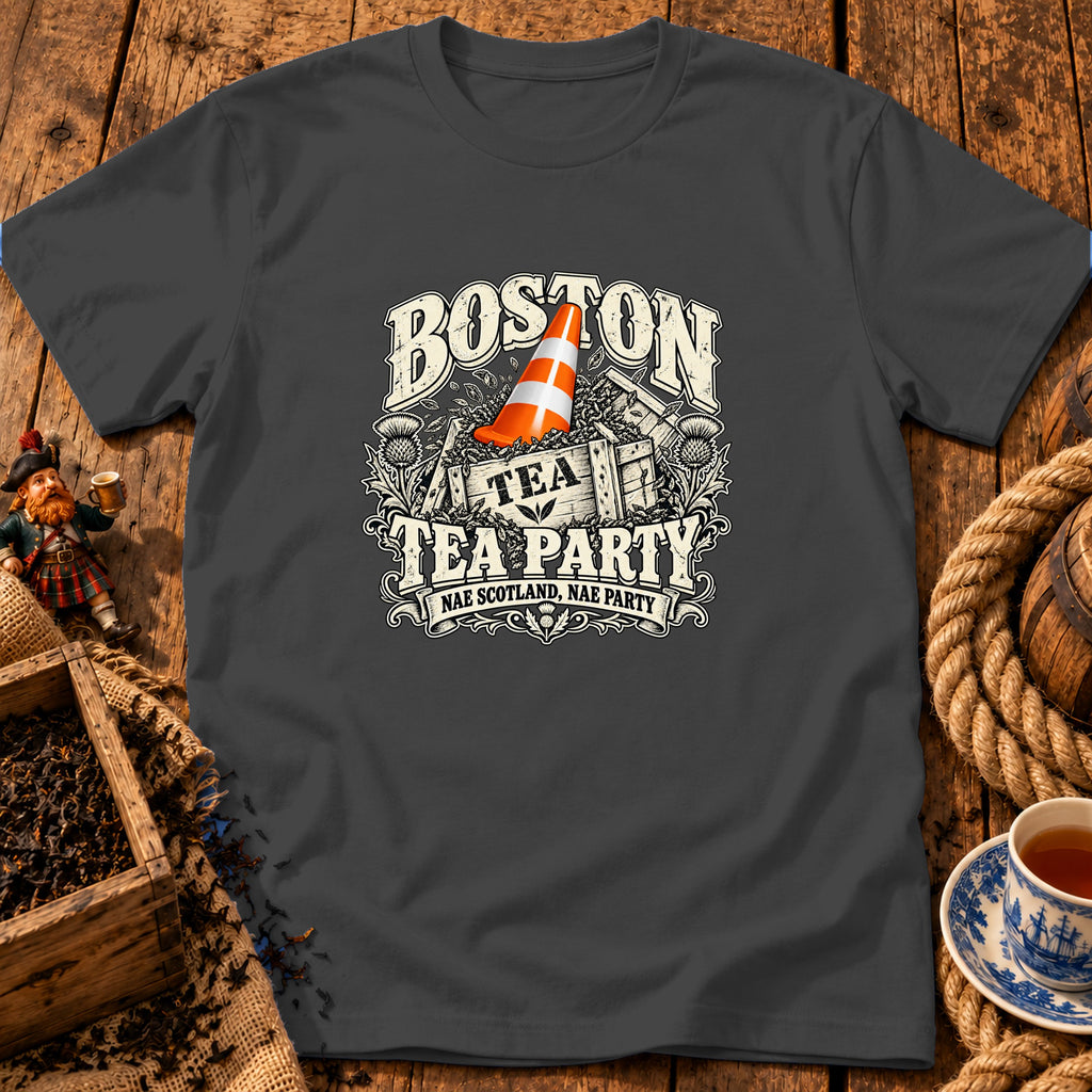 A dark gray t-shirt featuring a Boston Tea Party graphic with a traffic cone in a crate.
