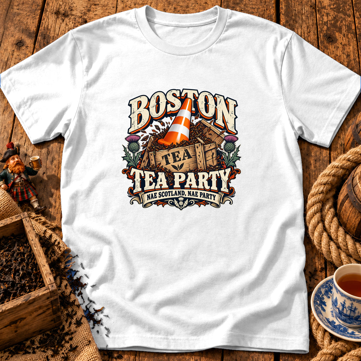A white t-shirt featuring a humorous graphic with text reading Boston Tea Party Nae Scotland, Nae Party.